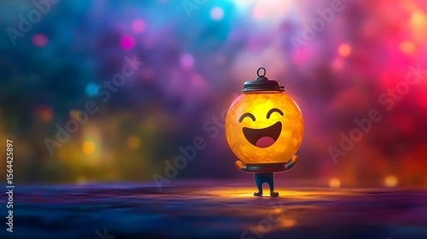 Obraz Cheerful lantern character shines brightly against a bokeh background, bringing warmth and positive emotion into any design
