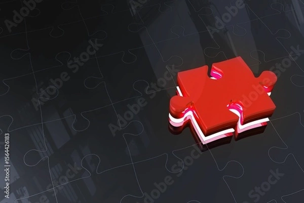 Fototapeta 3D render is showing glossy red jigsaw puzzle piece resting on reflective board with faint outlines