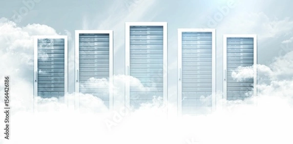 Fototapeta Five server cabinets are floating amid billowy clouds in flat design representing cloud computing