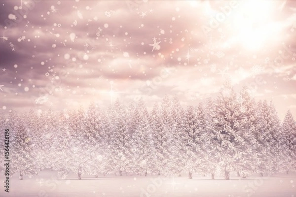 Obraz Snow-covered pine trees are standing on field in flat design with falling snowflakes and sparkles