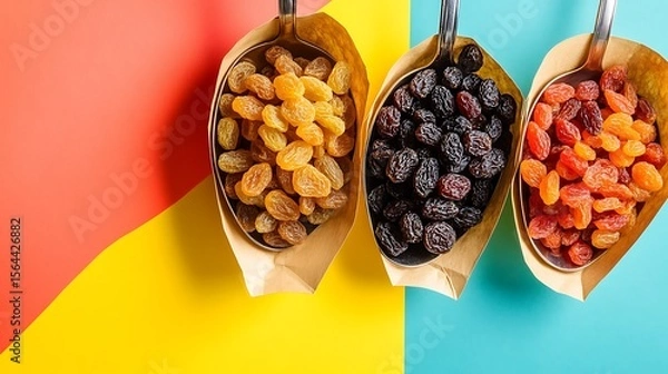Obraz Golden, dark and red raisins displayed on colorful background, a sweet and healthy dried fruit concept