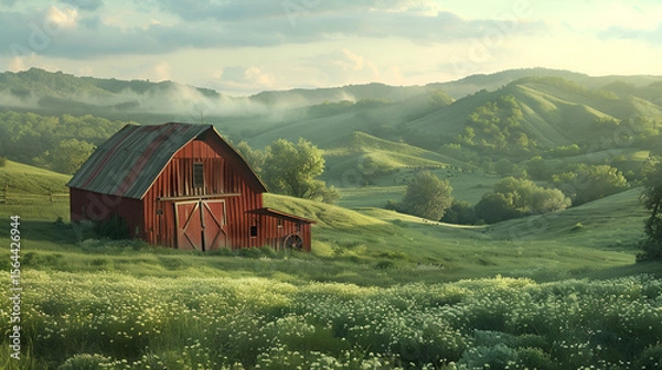 Fototapeta A scenic view of a red barn in a field of white flowers with rolling hills in the background on a sunny day