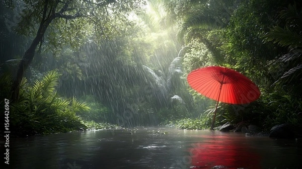 Obraz Bright sunlight filters through a rain shower in a lush forest with a red umbrella beside a tranquil stream.