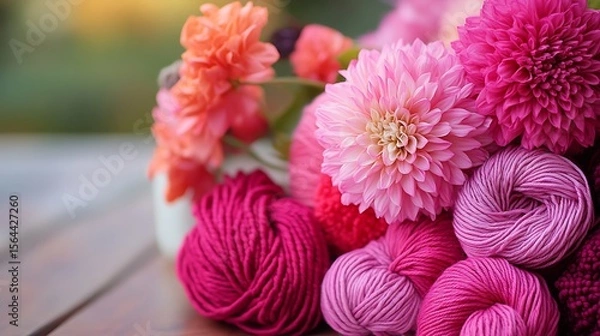 Obraz Vibrant dahlias and wool yarn create a cozy, colorful composition for a crafting or springtime themed project.