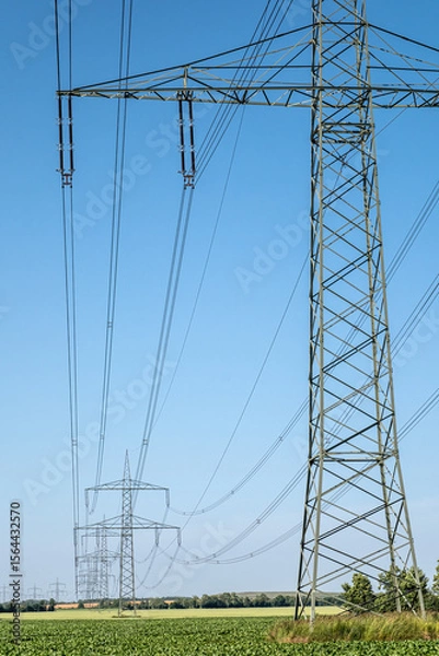 Obraz Electricity pylons with power lines seen in Germany