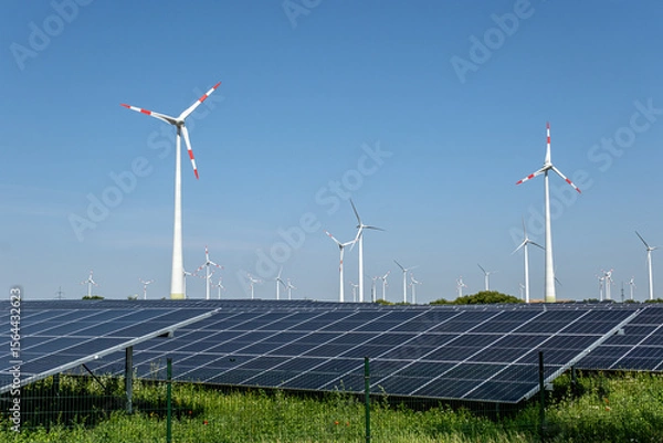 Obraz Solar panels and wind turbines seen in Germany