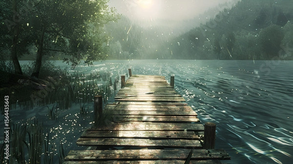 Fototapeta A serene view of a wooden dock extending into a calm lake surrounded by lush greenery and mountains