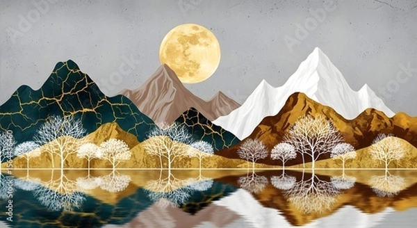 Obraz Abstract landscape painting mountains trees moon reflection art modern design scenery nature decor