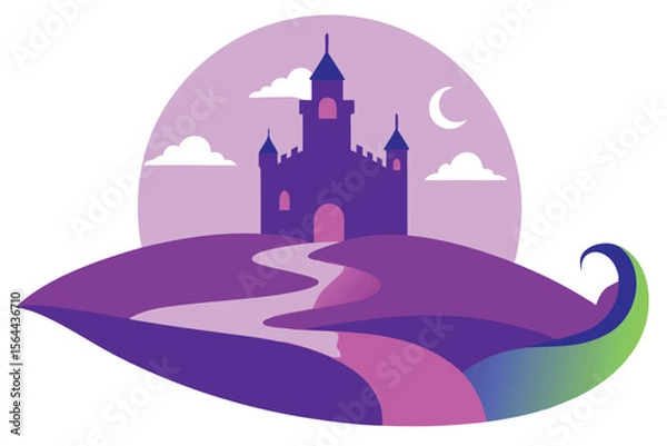 Fototapeta A whimsical purple castle sits atop a hill, a winding path leading to its entrance, nestled within a stylized landscape at twilight.