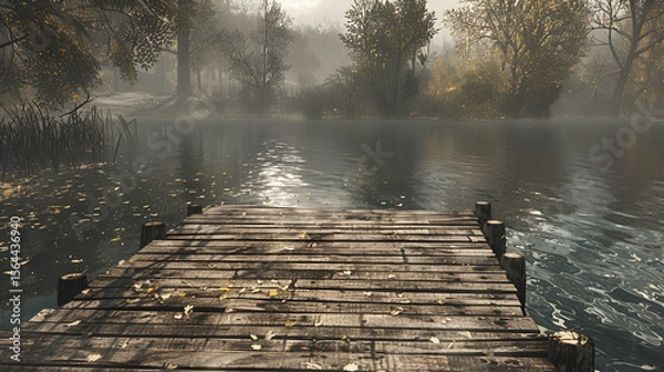Fototapeta A wooden dock extends into a misty lake surrounded by trees and foliage on a hazy day outdoors