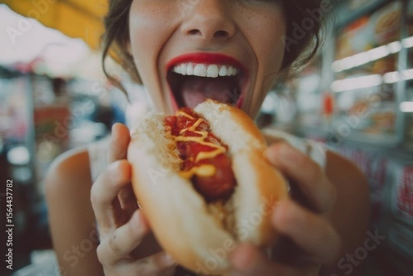 Obraz A woman happily nibbling on a hot dog , Processed Food concept , generative AI