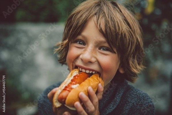 Obraz A child happily nibbling on a hot dog , Processed Food concept , generative AI