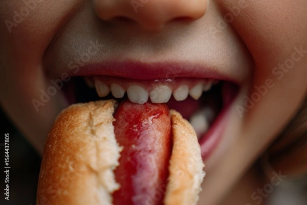 Obraz A child happily nibbling on a hot dog , Processed Food concept , generative AI