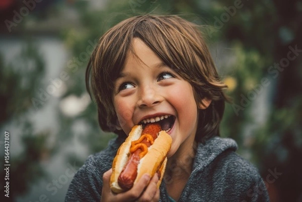 Obraz A child happily nibbling on a hot dog , Processed Food concept , generative AI
