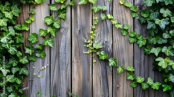 Fototapeta Green ivy climbing on a weathered wooden fence creating a natural and rustic background texture look