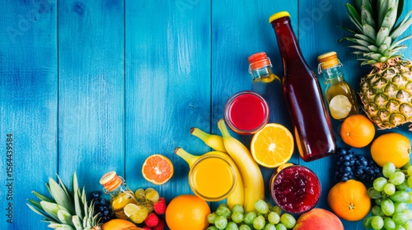 Fototapeta A vibrant display of colorful fruits and smoothies, arranged on an isolated blue wooden background.