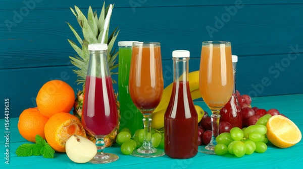 Fototapeta A vibrant display of colorful fruits and smoothies, arranged on an isolated blue wooden background.