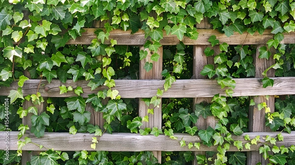 Fototapeta Ivy growing on a wooden trellis covering the entire structure with green leaves and vines detail