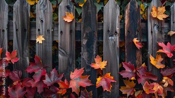 Fototapeta Autumn leaves against a weathered wooden fence creating a seasonal and colorful backdrop scene