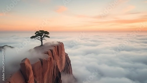 Fototapeta Lone Tree on Red Cliff Above Clouds at Sunset with Scenic View