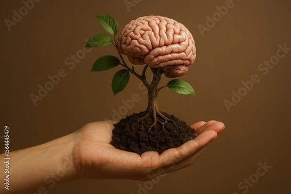 Obraz Brain growing from tree roots held in hand symbolizing knowledge growth mental development and eco education for psychology and sustainability projects