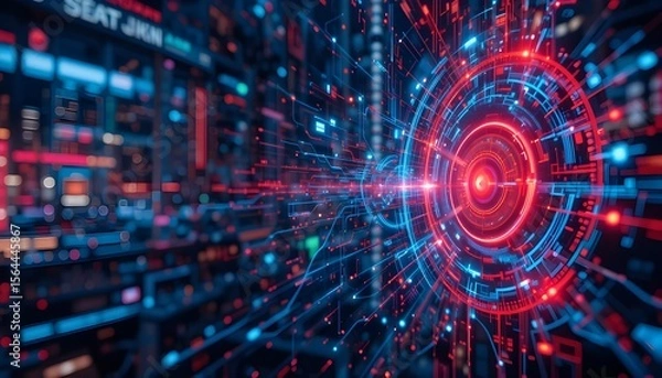 Fototapeta Futuristic High Tech Background with Digital Grid and Glowing Blue Elements