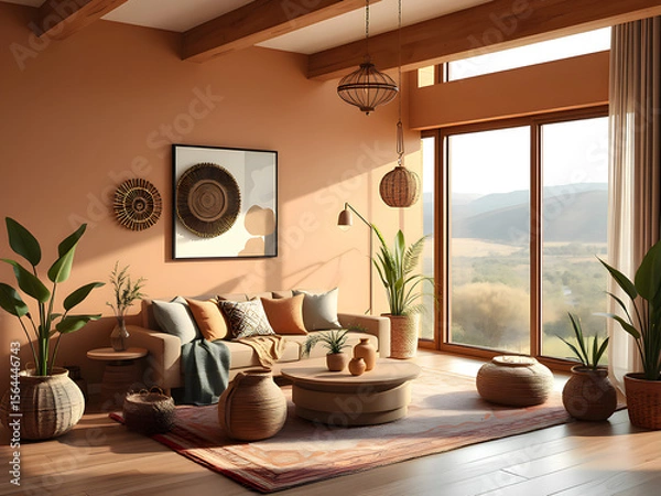 Fototapeta Sunlit boho living room with terracotta walls, rattan decor, cozy sofa, indoor plants, and large windows offering a scenic view. Warm, earthy tones create a calm and inviting space.