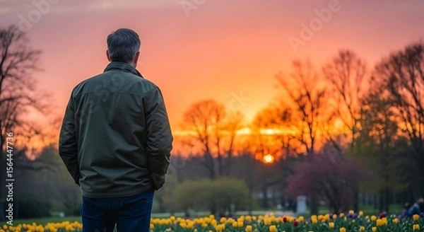 Fototapeta Man Watching Sunset Over a Field of Tulips
