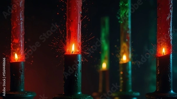 Fototapeta Red and green candles exploding with sparks fire