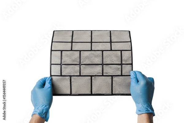 Fototapeta A technician's hand holds a air conditioner filter dusty isolated with clipping path on white background. preparation for maintenance and cleaning.