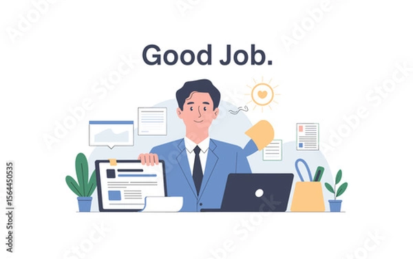 Obraz A Smiling Professional with Good Job Graphic, Featuring Laptop and Office Clutter