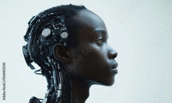 Fototapeta Side profile of an African American AI robot cyborg. Humanized robotic artificial intelligence concept showcasing innovation in robotics, Generative AI