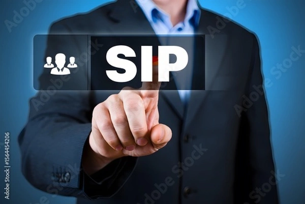 Fototapeta Man Pressing SIP Button for Business Communication and Customer Service Solutions