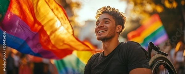Fototapeta Inclusive pride image of a disabled gay man in a wheelchair celebrating the LGBTQ+ festival in summer with rainbow flags. Pride inclusion and diversity banner with copy space, Generative AI