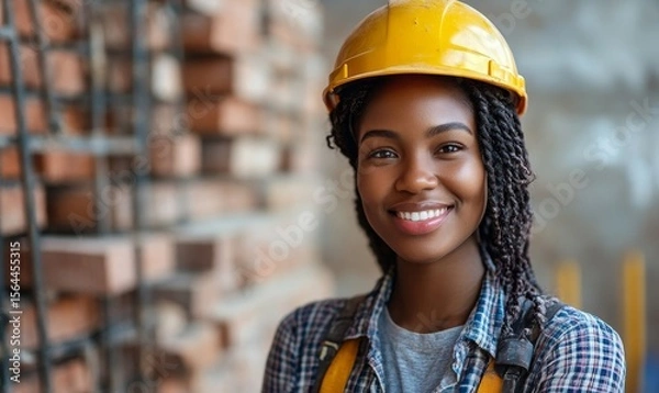 Obraz Happy Black African American female builder bricklayer. Professional portrait of a tradeswoman builder in an inclusive work environment, Generative AI