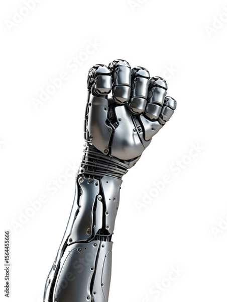 Fototapeta Metallic cyborg arm raises a clenched fist against a transparent background, symbolizing power, technology, and the future, rendered with detailed mechanical features.