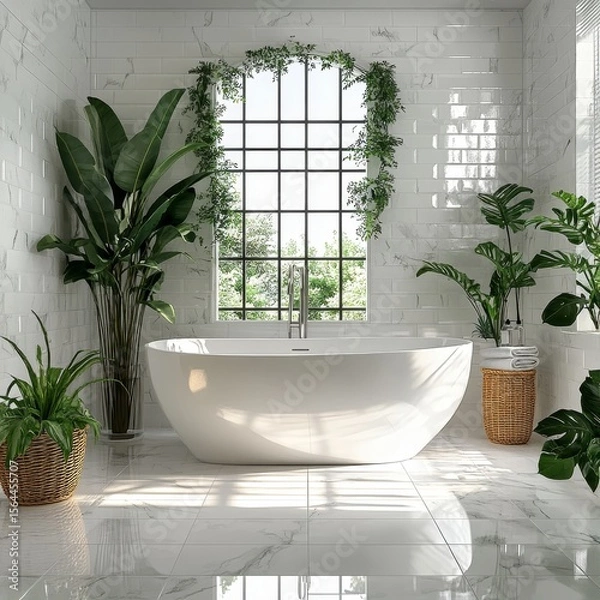 Fototapeta Interior design of a modern white bathroom with tiled marble flooring and greenery, Generative AI