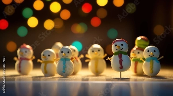 Obraz Funny, colorful Easter egg and Christmas toy decorations with chickens, chicks, and a snowman for a kids' holiday