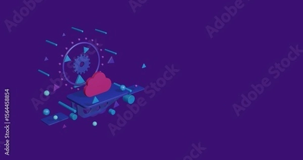 Fototapeta Pink cloud symbol on a pedestal of abstract geometric shapes floating in the air. Abstract concept art with flying shapes on the left. 3d illustration on deep purple background