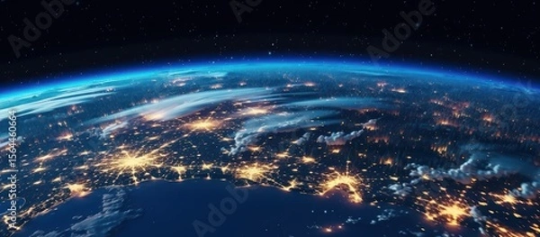 Obraz Blue Planet Earth: A global view from space, bathed in the light of the sun with stars and an ocean atmosphere