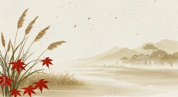 Obraz Peaceful autumnal landscape with red maple leaves and tall grasses.