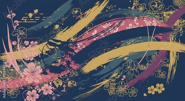 Obraz A floral design with bold brushstrokes and a japanese aesthetic.