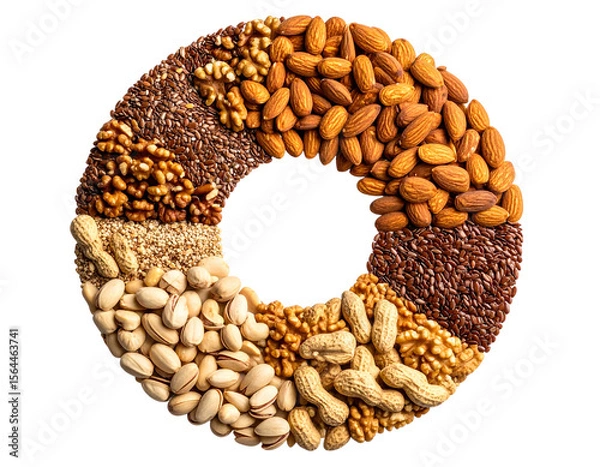 Fototapeta Group of Nuts and Grains in Organic Circle Composition, isolated on a transparent background”