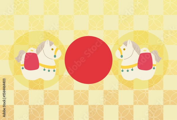 Obraz 馬の土鈴と和柄背景の2026年賀状イラスト