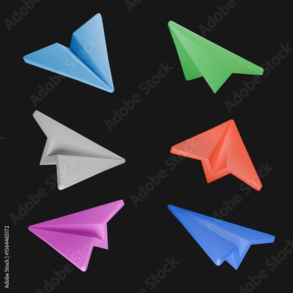 Obraz Assortment of colorful 3D paper airplanes on a black background.
