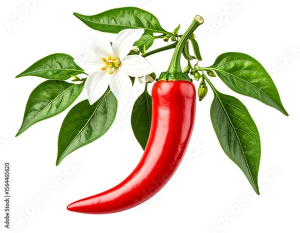 Fototapeta Chili Pepper with Leaf and Flower from Plant, Botanical Style, isolated on a transparent background”