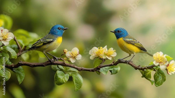 Fototapeta Small colorful birds sit on a branch with flowers