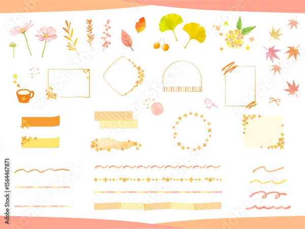 Obraz 秋の可愛いイラストやあしらい、フレーム素材のセット