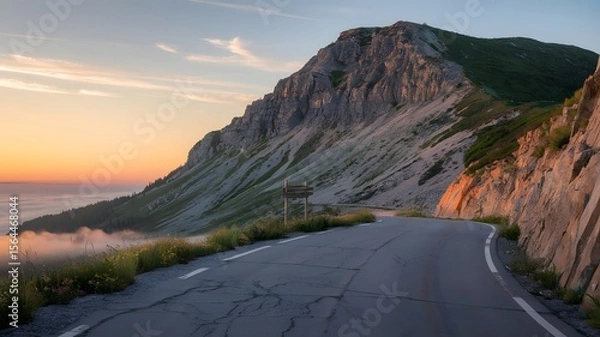 Fototapeta  Winding Mountain Pass at Sunset with Sheer Cliffs and Foggy Valley