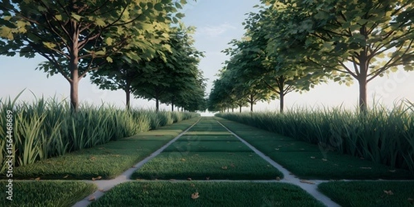 Fototapeta Symmetrical Tree-Lined Path Through Lush Green Grass
